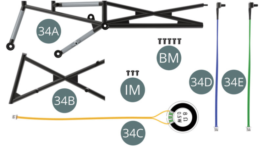 34A Châssis34B Châssis34C Haut-parleur (câble jaune)34D Interrupteur du son du moteur (câble bleu)34E Interrupteur du klaxon (câble vert)BM Vis M 2,0 x 4 mm (x 5)IM Vis M 1,7 x 3,5 mm (x 3)