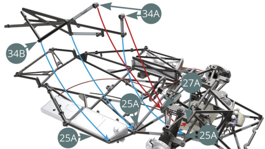 Positionieren Sie das vormontierte Fahrgestell (34A-34B) - vorherige Abbildung - auf dem unteren Fahrgestell (25A) und dem Armaturenbrettrahmen (27A) - rote und blaue Pfeile. Zum besseren Verständnis der Verbindungspunkte sollten Sie die beiden folgenden Abbildungen sorgfältig studieren