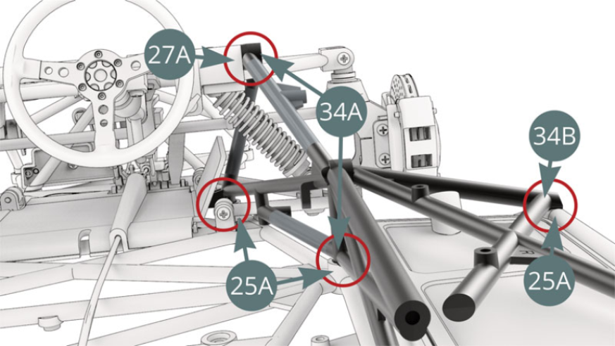 Bien repérer les points de connexion (cercles rouges) entre le châssis pré-assemblé 34A-34B et l’ensemble châssis inférieur 25A / cadre du tableau de bord 27A. La fixation de ces points devra être assurée par les vis respectives comme indiqué sur les trois illustrations suivantes.