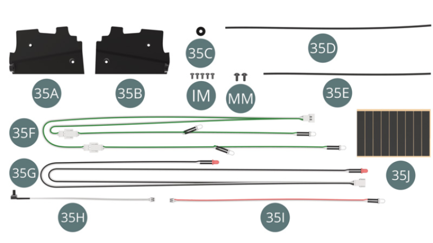 35A Garde-boue gauche35B Garde-boue droit35C Rondelle35D Durite de frein gauche35E Durite de frein droit35F Câble des LED de phares (blanc-vert)35G Câble des LED de feux arrière (noir-blanc)35H Câble de l’interrupteur de l’éclairage (blanc)35I Câble des LED de rétroéclairage des instruments (rouge-blanc)35J Ruban adhésif (x 6)IM Vis M 1,7 x 3,5 mm (x 5)MM Vis M 2 x 4 x 5mm (x 2)