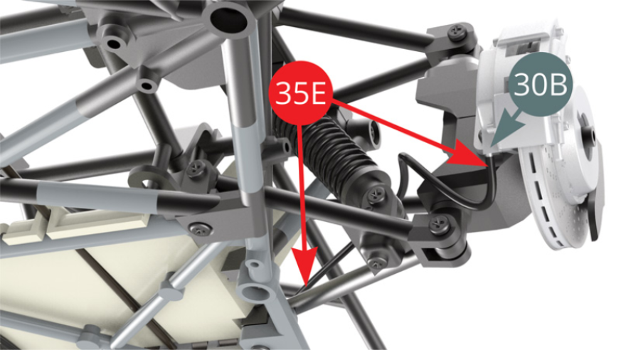 Positionner la durite de frein droit 35E sur le téton situé sous le cache- pistons de frein 30B. Guider l’autre extrémité de la durite 35E vers le maître-cylindre 26H et la fixer sur celui-ci (illustrations ci-contre).