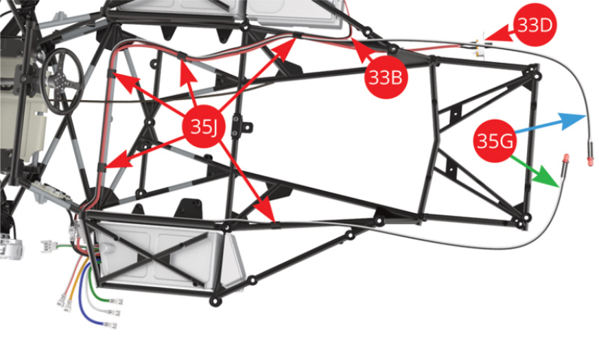 Le câble du réservoir de carburant droit 33B (noir-rouge), le câble de l’interrupteur 33D (rouge) et le câble des LED de feux arrière 35G (noir-blanc) sont installés sur le châssis.