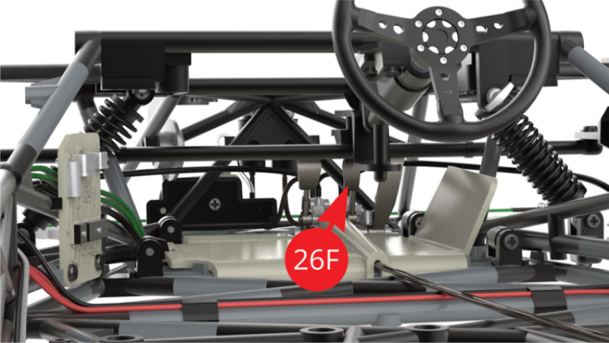 Drücken Sie das mittlere Pedal (26F) und beobachten Sie die rote Beleuchtung der Bremsen auf den Rücklicht-LEDs (35G) / Abbildungen gegenüber). Nachdem Sie die Funktionsweise aller Lichter getestet haben, drehen Sie den Schalter (33D) in die Position "Aus" (roter Pfeil).Drücken Sie das mittlere Pedal (26F) und beobachten Sie das rote Aufleuchten der Bremsen auf den Rücklicht-LEDs (35G) / nebenstehende Abbildungen. 