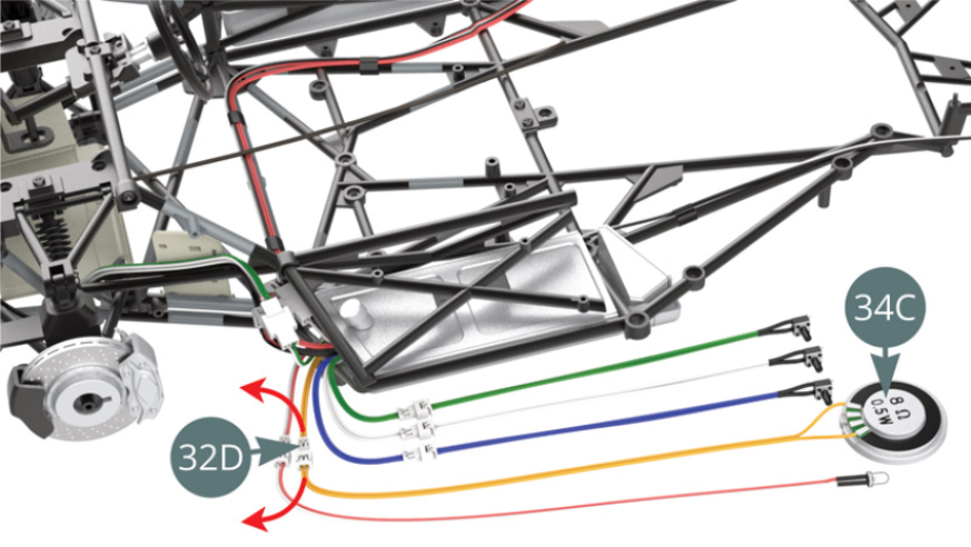 Scollegare il cavo giallo dell'altoparlante (34C) dal cavo giallo del PCB (32D) per evitare di danneggiarlo durante le seguenti fasi di montaggio. 