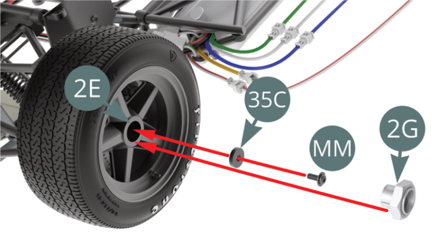 Fixer la jante de roue 2E avec une vis MM en la passant préalablement dans la rondelle 35C.Positionner le cache-moyeu 2G sur la jante 2E.