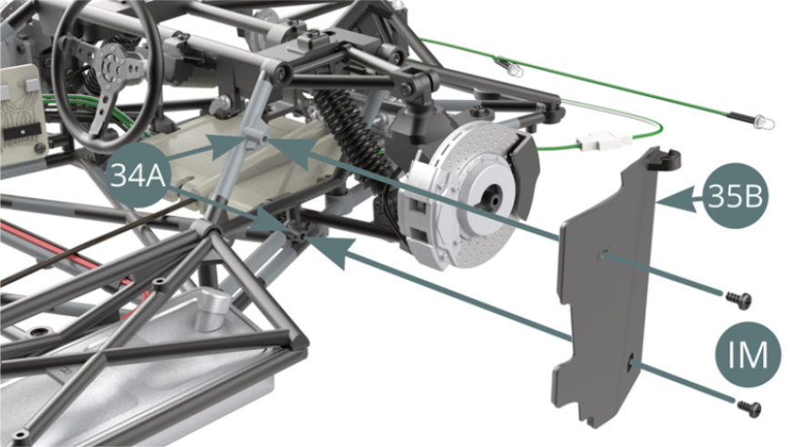 Positionieren Sie den rechten Kotflügel (35B) auf das Fahrgestell (34A) und befestigen Sie ihn mit zwei IM Schrauben.