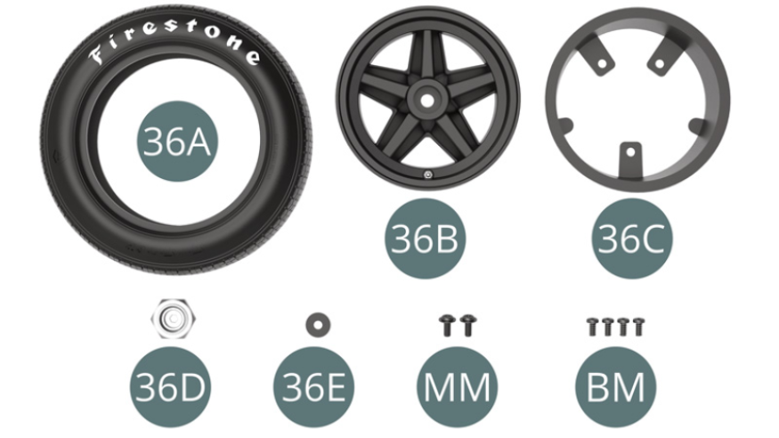 36A Pneu avant36B Jante extérieure de roue avant36C Jante intérieure de roue avant36D Cache-moyeu36E RondelleMM Vis M 2 x 5 x 5mm (x 2)BM Vis M 2 x 34 mm (x 4)