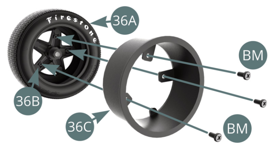 Posizionare il cerchio interno 36C sul pneumatico anteriore 36A e fissarlo al cerchio esterno 36B con tre viti BM.