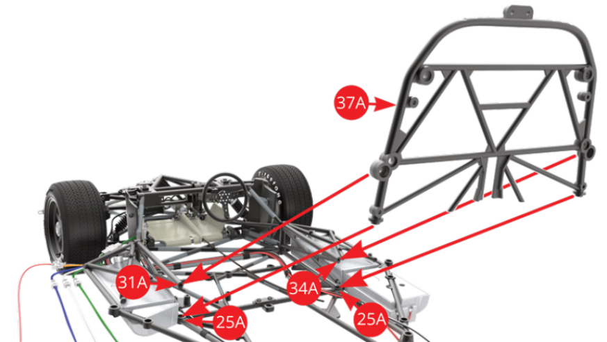 Alinhar a estrutura da divisória do cockpit (37A) sobre as extremidades dos tubos do chassis inferior (25A) e do chassis lateral esquerdo (31A) e direito (34A). As ilustrações em frente mostram com mais detalhe os pontos de montagem no chassis.