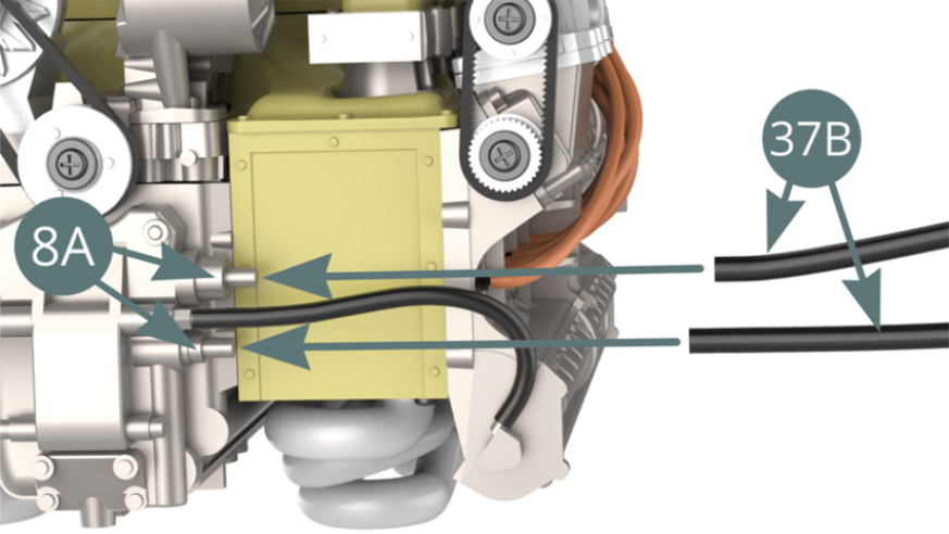 Ligar as duas armações de separação do cockpit (37A) instaladas no chassis.Ligar as duas mangueiras de óleo (37B) à caixa da bomba de água (8A).