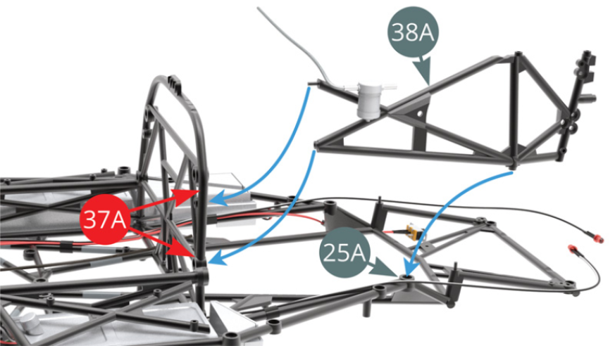 Alinhar a moldura lateral esquerda (38A).Alinhar a Moldura Lateral Esquerda (38A) com a Moldura de Partição do Cockpit (37A) e o Material Rodante (25A).