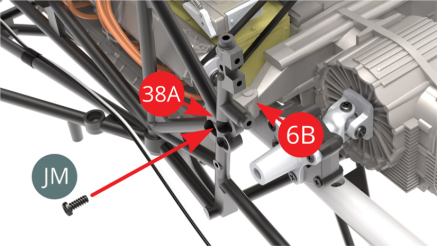 Fixar o suporte de montagem do lado esquerdo (6B) à armação do lado esquerdo (38A) com um parafuso JM.