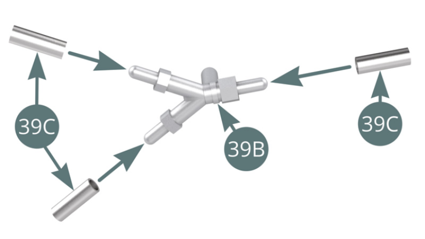 Fixar três acessórios (39A) ao chassis inferior (25A).Ligar três encaixes (39C) ao conector em Y (39B).