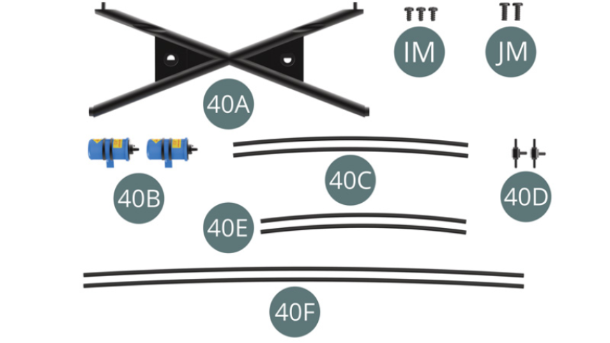 40A Telaio X 40B Bobine di accensione (x2) 40C Cavi ad alta tensione (x2 ) 40D Connettore  (x2) 40E Linea del freno (x2) 40F Linea del freno (x2)Vite IM M 1,7 x 5 mm (x 3) Vite JM M 2,0 x 5 mm (x 2)