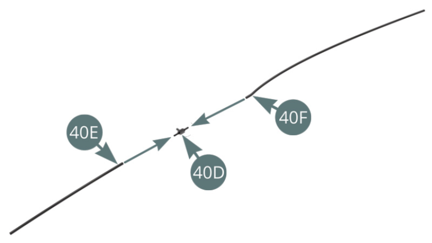 Montare i tubi del freno (40E e 40F) sul connettore (40D). Montare il connettore (40D) sulla guida del telaio di destra (39A) - illustrazione superiore e due illustrazioni inferiori.