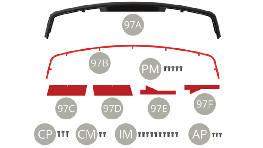 97A Rear bumper97B Trim strip97C Floor cover97D Floor cover97E Floor cover97F Floor coverCP M 1,7 x 5 mm (x 3)CM M 1,7 x 4 mm (x 2)IM M 2,3 x 4 mm (x 10)AP M 1,7 x 4 mm (x 3)PM M 2,0 x 5 mm (x 5)