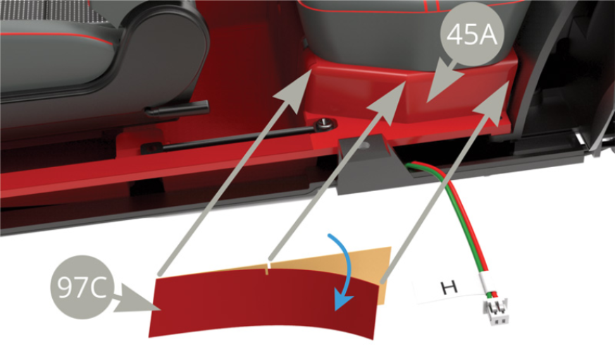 Remove 97C (floor covering) from its backing and apply it to (45A) passenger compartment floor, on the left vertical surface of the rear seat. 