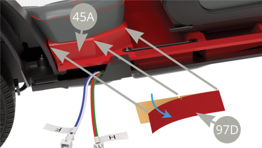 Remove 97D (floor covering) from its backing and apply it to 45A (passenger compartment floor) on the right, vertical surface of the rear bench seat. 