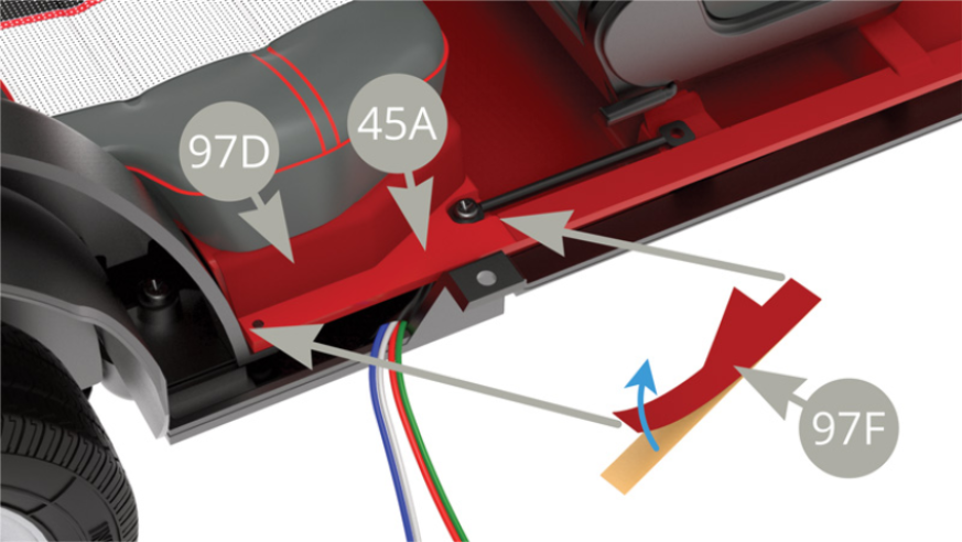  Remove 97F (floor covering) from its backing and apply it to 45A (passenger compartment floor) on the right, horizontal surface of the rear seat.