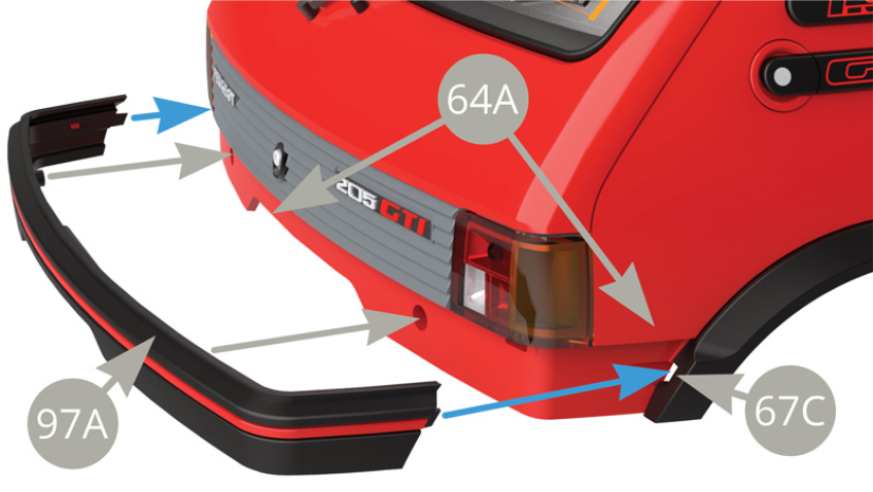 Position 97A (rear bumper) on 64A (body rear panel) by engaging it in the side slots at the bottom of the rear wing extensions (blue arrow). 