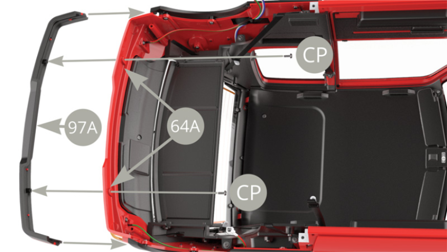 Secure 97A (rear bumper) to 64A (rear body panel) with two CP screws. 