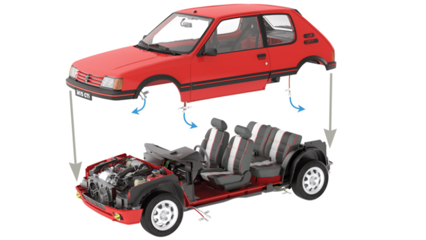 Pull the wiring out of the body (blue arrows) and place the body over the chassis without fully engaging it. 