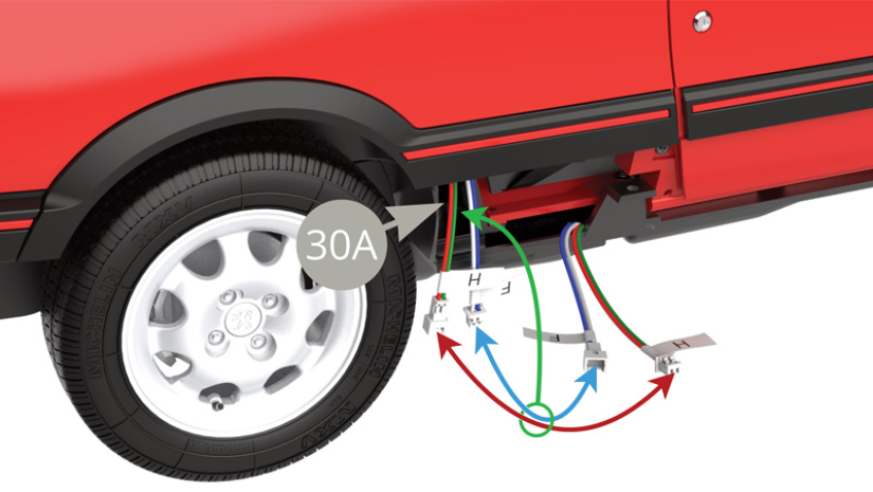 Connect the F (blue - white) and H (green - red) cables together near the right rear wheel. Then slide them into the slot provided at the bottom of the 30A chassis rear section.