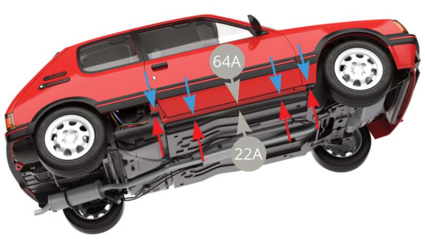 Une fois que tous les câblages sont correctement placés dans leurs logements, engager à fond la carrosserie 64A sur le châssis 22A (flèches bleues et rouges sur les illustrations ci-dessous).