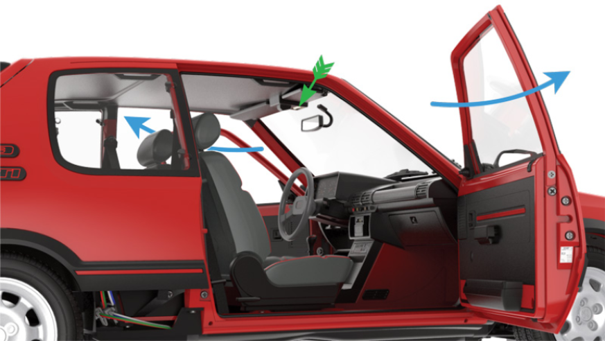 Start testing the electrical system by opening both doors (blue arrows) and check that the lights in the passenger compartment work (green arrow).