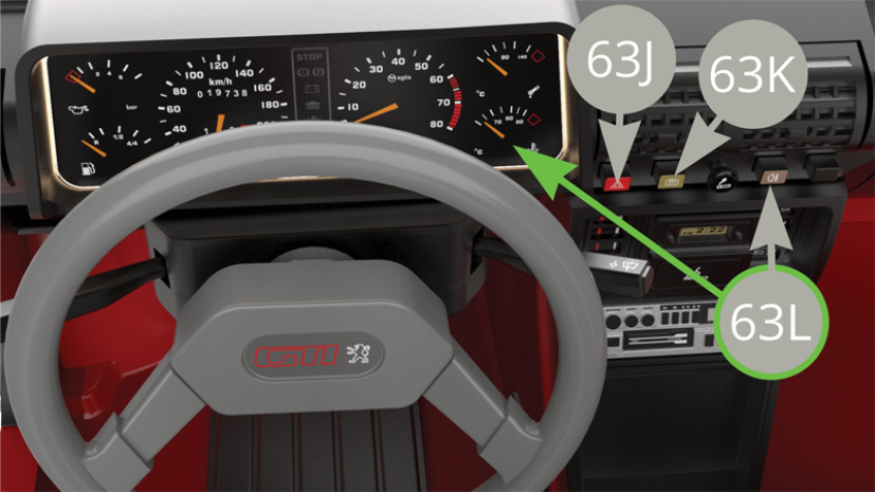 Activate 63K (rear de-icing switch) to experience the sound of the engine. Press 63J (Warning device) to hear the horn sound. Press 63L (rear fog light switch) and check that dashboard lighting, headlights and rear indicators are working properly (see following illustrations). 