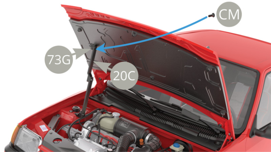 Open the front bonnet, lift the retaining arm and attach 20C (bonnet hinge) to 73G (bonnet clamp) with a CM screw. 