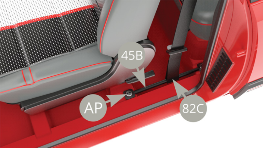 Open the left door and slide 82C (left front seat belt buckle) into 45B (belt guide) and secure it with an AP screw. 