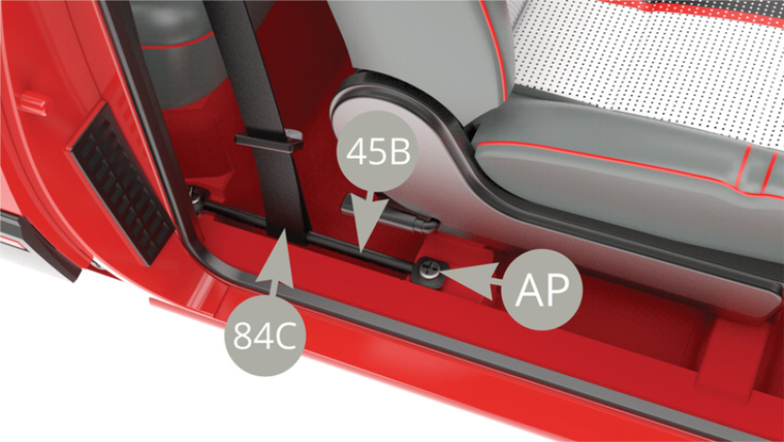 Open the right door and slide 84C ( right front seat belt buckle) into 45B (belt guide) and secure it with an AP screw.