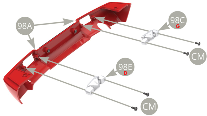 Positionner les boitiers de feu antibrouillard droit 98C et gauche 98E sur le bas de pare-chocs arrière 98A et les fixer chacun avec deux vis CM.