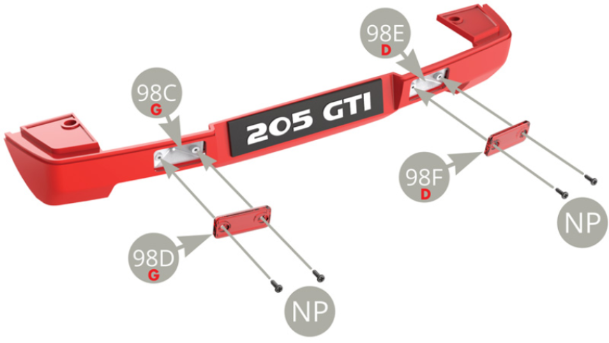 Fit 98D Left and 98F Right Fog lamp lens to 98C Left and 98E Right Fog lamp reflectors respectively , and fix each  one with two NP screws.