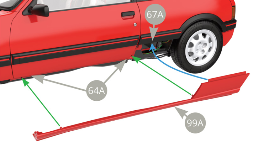 Fit 99A Left lower panel to 64A Bodywork ; from top side - by passing its right upper ridge under 67A Side molding ( blue arrow ) with two pins aiming to fit as green arrows show from bottom side - two tabs aligning to 22A Chassis panel and 10A Front frame attachment points.