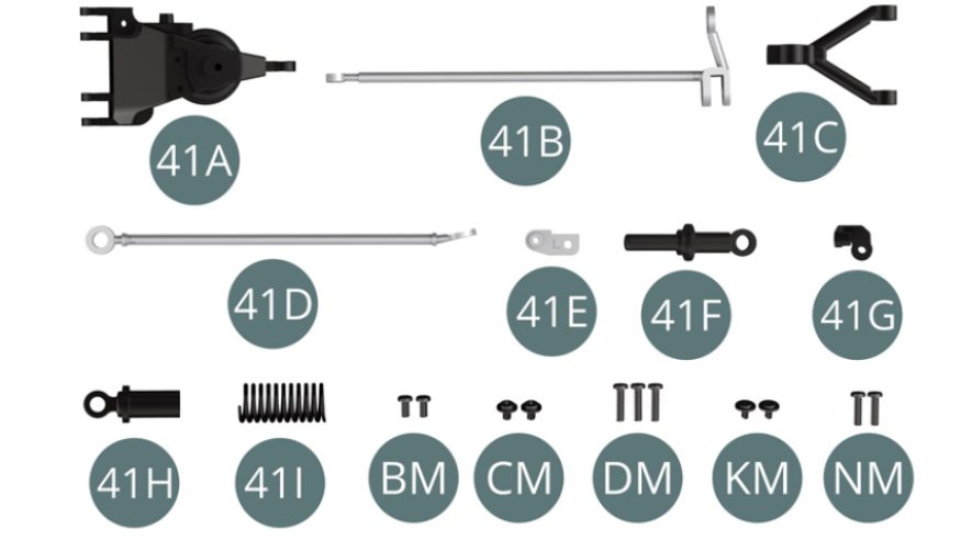 41A Pivot arrière gauche41B Bras longitudinal avec attache41C Triangle inférieur41D Bras de suspension41E Support41F Axe de piston de suspension41G Support41H Amortisseur de suspension41I Ressort de suspensionBM Vis M 2,0 x 4 mm (x 2)CM Vis M 2,0 x 3 x 5 mm (x 2)DM Vis M 2,0 x 8 mm (x 3)KM Vis M 1,7 x 3 x 5 mm (x 2)NM Vis M 2,0 x 7 mm (x 2)