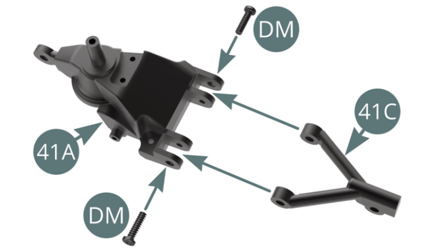 Monta el Triángulo inferior (41C) en el Pivote trasero izquierdo (41A) y fíjalo con dos tornillos DM.