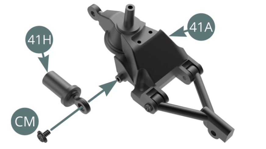 Positionner l’amortisseur 41H sur le pivot arrière gauche 41A et le fixer avec une vis CM.