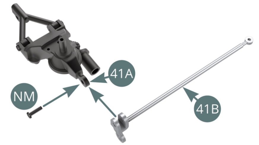 Positionner le bras longitudinal 41B sur le pivot arrière gauche 41A et le fixer avec une vis NM (illustrations ci-contre).