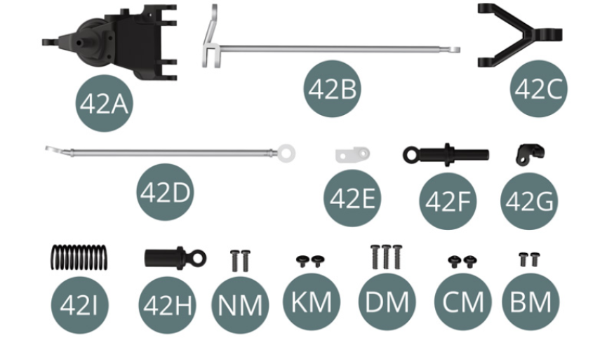 42A Pivot arrière droit42B Bras longitudinal avec attache42C Triangle inférieur42D Bras de suspension42E Support42F Axe de piston de suspension42G Support42H Amortisseur de suspension42I Ressort de suspensionBM Vis M 2,0 x 4 mm (x 2)CM Vis M 2,0 x 3 x 5 mm (x 2)DM Vis M 2,0 x 8 mm (x 3)KM Vis M 1,7 x 3 x 5 mm (x 2)NM Vis M 2,0 x 7 mm (x 2)