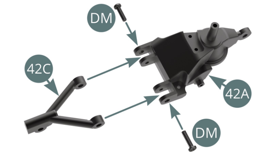 Positionner le triangle inférieur 42C sur le pivot arrière gauche 42A et le fixer avec deux vis DM.