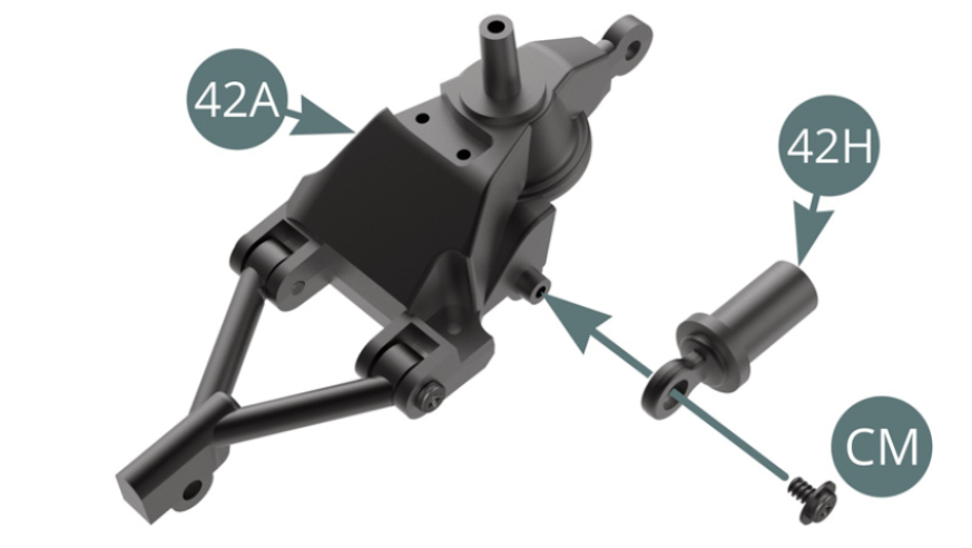 Positionner l’amortisseur 42H sur le pivot arrière gauche 42A et le fixer avec une vis CM.
