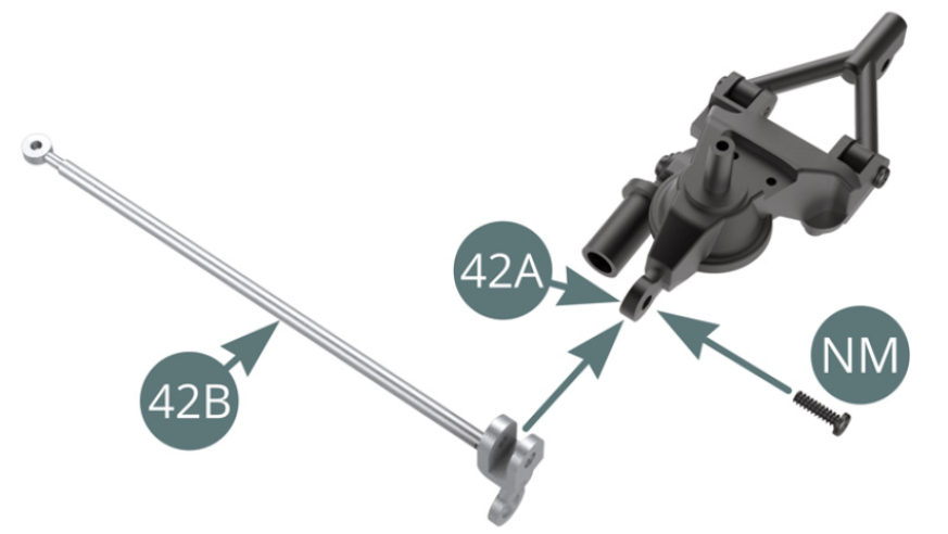 Posizionare il braccio longitudinale (42B) sul perno posteriore destro (42A) e fissarlo con una vite NM (illustrazioni a fianco).