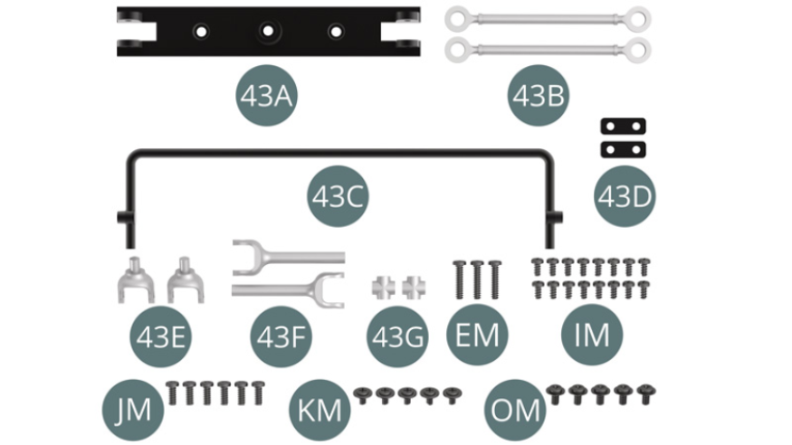 43A Essieu arrière43B Biellette de suspension (x 2)43C Barre antiroulis arrière43D Pattes de fixation (x 2)43E Demi-arbre de transmission (x 2)43F Demi-arbre de transmission (x 2)43G Croisillon universel (x 2)EM Vis M 2,0 x 9 mm (x 3)IM Vis M 1,7 x 3,5 mm (x 16)JM Vis M 2,0 x 5 mm (x 6)KM Vis M 1,7 x 3 x 5 mm (x 5)OM Vis M 2,0 x 4 x 5 mm (x 5)