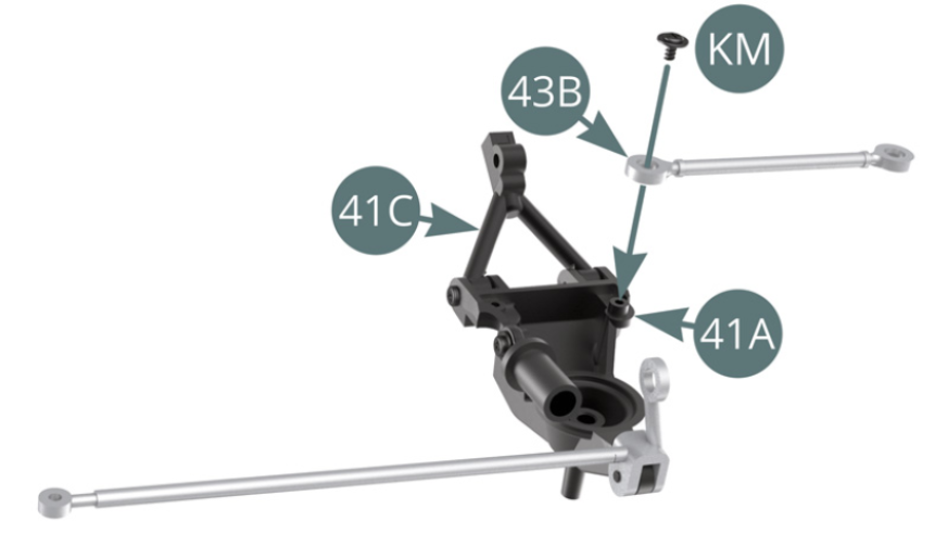 Positionner une biellette 43B sur le pivot arrière gauche 41A et la fixer avec une vis KM.