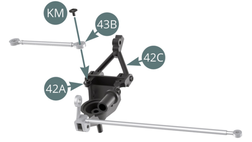 Positionner une biellette 43B sur le pivot arrière droit 42A et la fixer avec une vis KM.