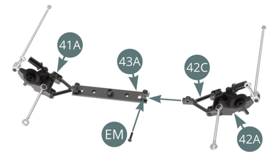 Positionner le triangle inférieur 42C (attaché au pivot arrière droit 42A) sur l’essieu arrière 43A et le fixer avec une vis EM.