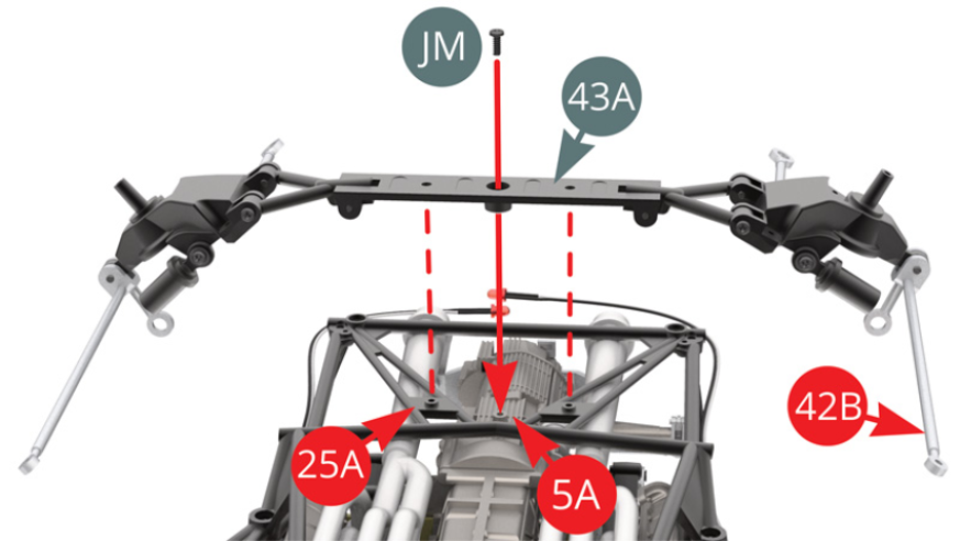 Ajustar o eixo traseiro esquerdo (43A) ao chassis inferior (25A) e a caixa de velocidades inferior (5A) com parafuso JM. Note que a extremidade do braço longitudinal (42B) deve ser posicionada acima do painel superior direito do tanque de combustível (33A) - ilustração abaixo.