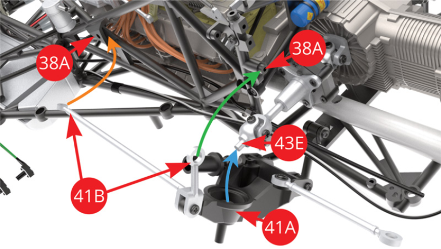 Faire basculer vers le haut le pivot arrière gauche 41A afin d’y engager l’extrémité du demi-arbre 43E (flèche bleue).Dans le même temps, aligner les extrémités du bras longitudinal 41B avec les deux points d’attache du châssis latéral gauche 38A indiqués par les flèches orange et verte.